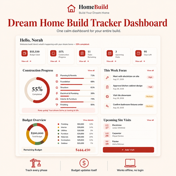 Home Construction Project & Budget Tracker Dashboard | Interactive Build Planner